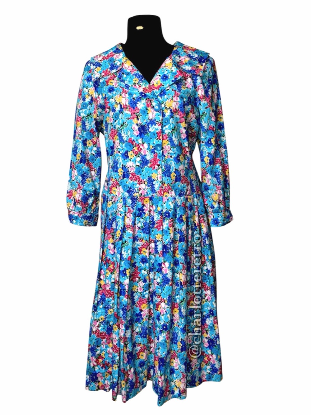 vtg Floral Drop Waist Pleated Frock w Wide Peter Pan Collar